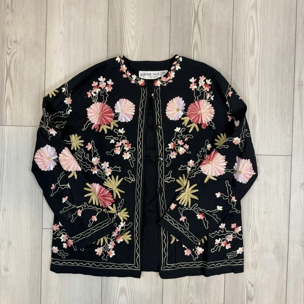 Vtg BEDFORD FAIR lifestyle Women's Large All Over Embroidered Floral Jacket Boho